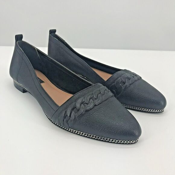 Rachel Zoe Flat Womens 6.5 Black Leather Pointed Toe Chain Detail Slip On NEW - Picture 1 of 8